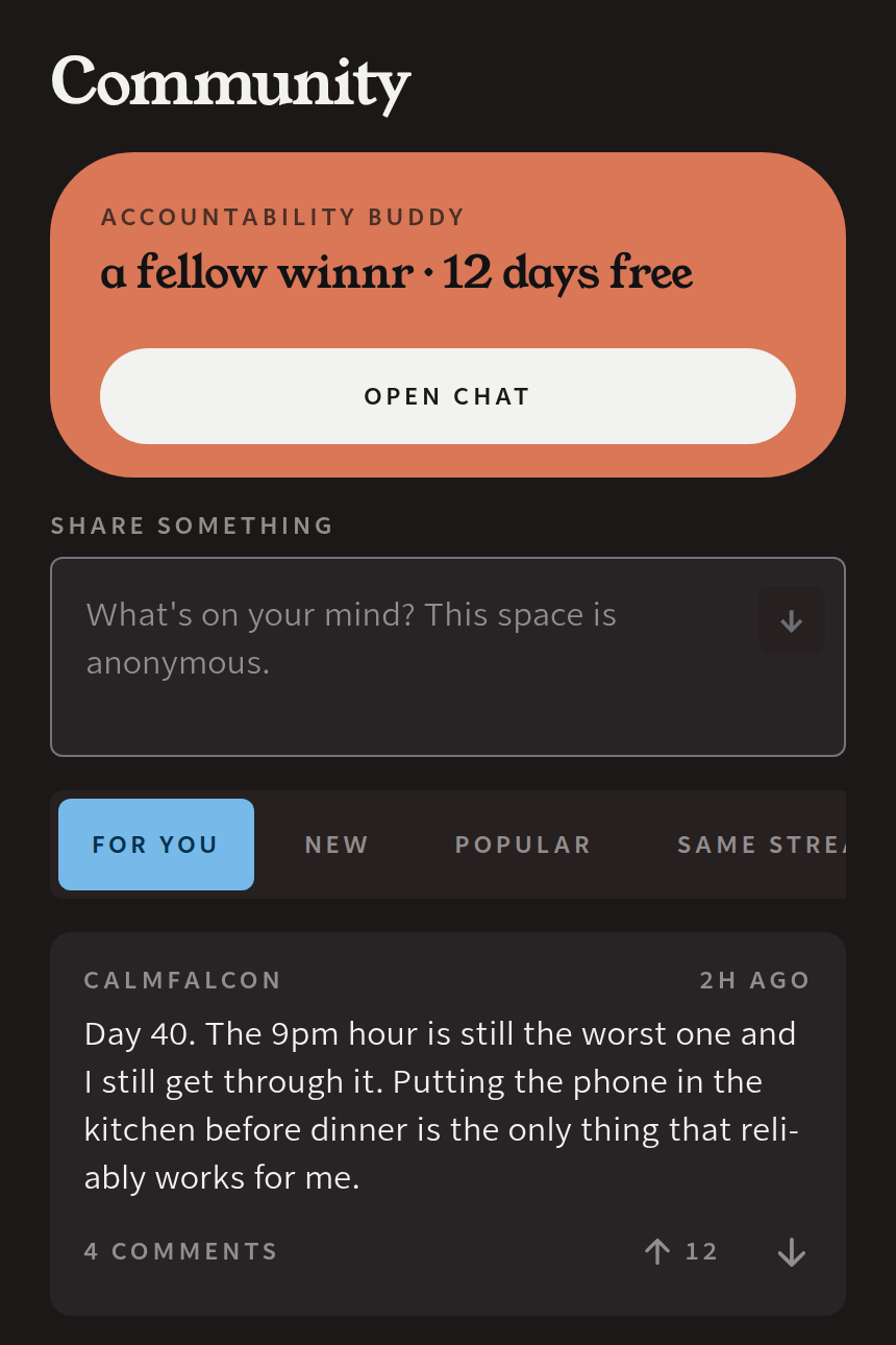 The WINNR community screen: an accountability buddy at the top, an anonymous box to share something, and posts from other members.