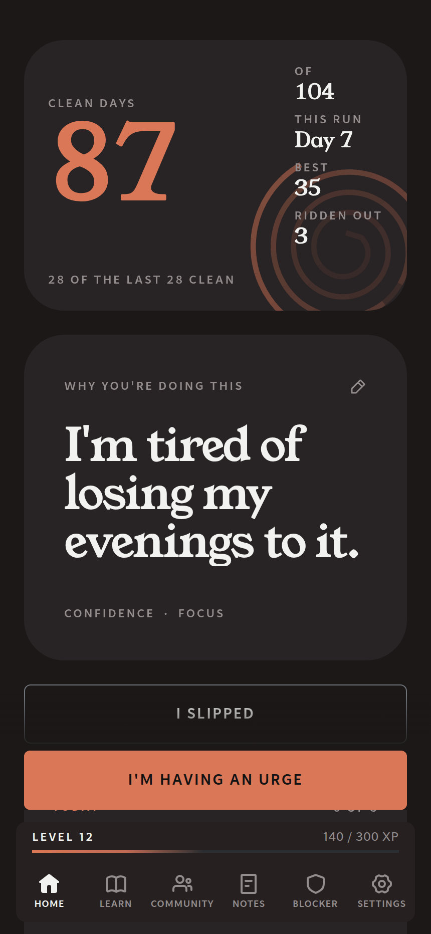 The WINNR home screen in dark theme showing 87 of 104 days clean.