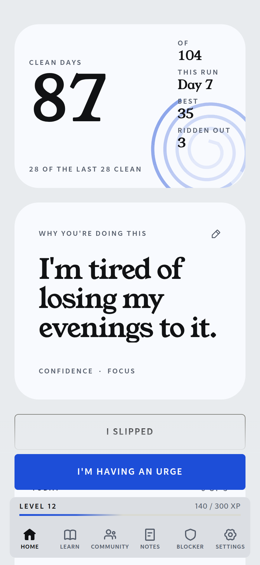 The WINNR home screen showing 87 of 104 days clean.